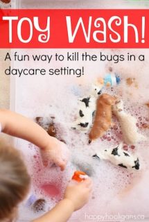 Daycare Toy Wash - washing the toys to kill the germs and bugs in daycare. Great water play activity to sanitize the toys during cold and flu season - Happy Hooligans