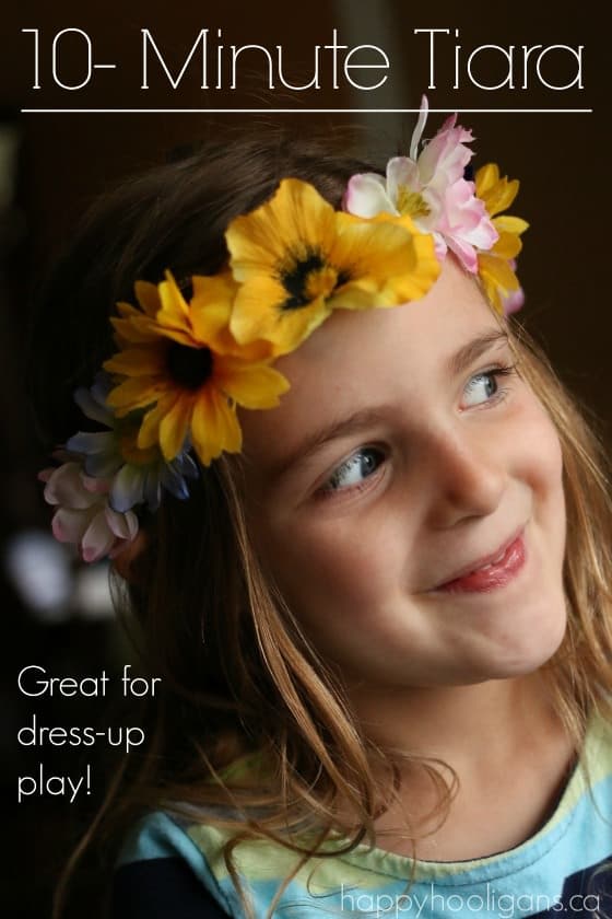 Easy, flowered tiara craft that kids can make in minutes. Great for dress-up play! You can make it in minutes with a piece of elastic and some artificial flowers. Happy Hooligans