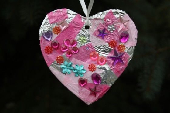 Valentines decoration for toddlers - heart decorated with tinfoil