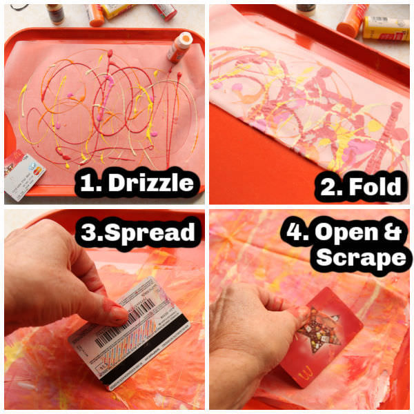 4 Photos showing scrape painting process