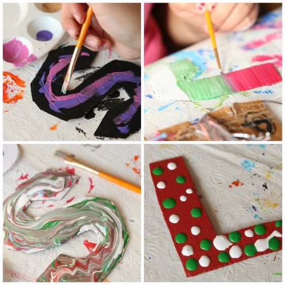 4 step photos of kids painting cardboard letter craft