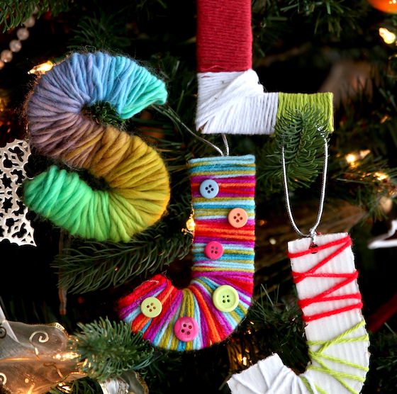 Yarn Wrapped Cardboard Initials on Christmas Tree