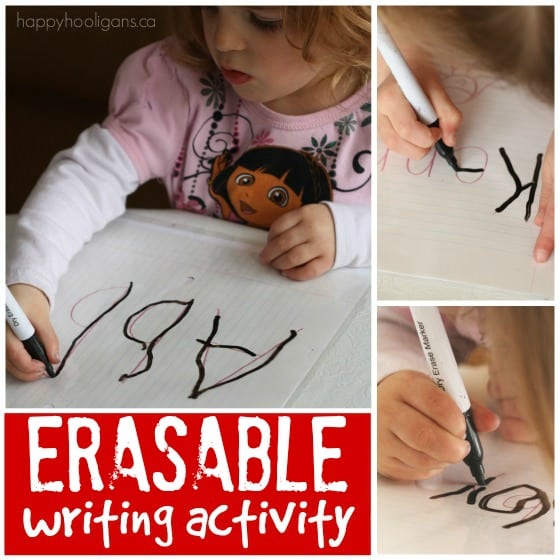 A homemade eraseable printing practice activity for toddlers and preschoolers using dry erase markers