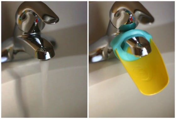 photo showing how faucet extender fits on over bathroom tap