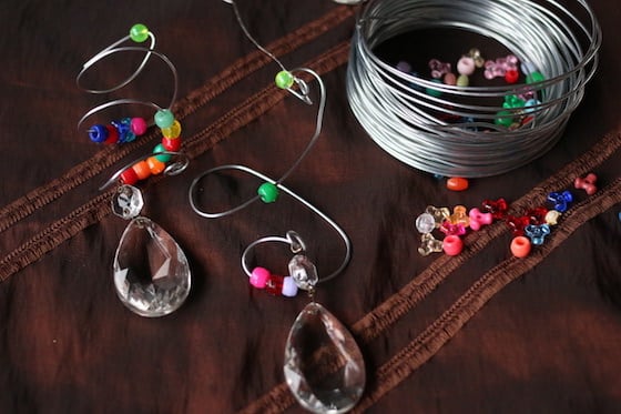 beads and chandelier baubles threaded onto thin guaged wire