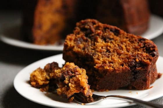 Pumpkin cake and fork on plate