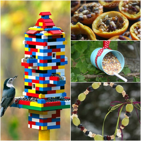 bird feeders made from lego - tin can- orange cups - fruit