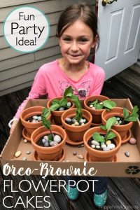 Birthday girl holding Oreo-Brownie Flowerpot Cakes