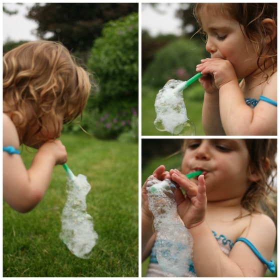 blowing bubbles through a straw and coffee filter