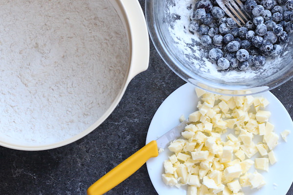 Fresh blueberries, flour, cubed butter