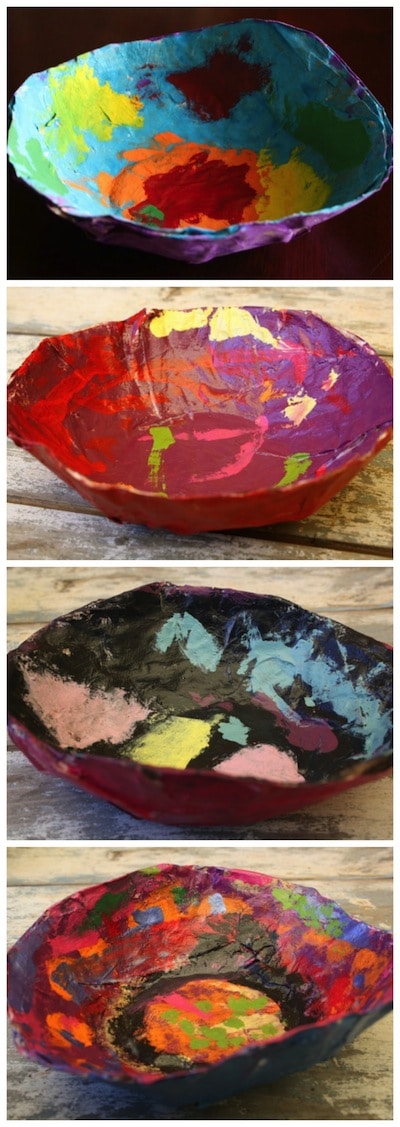 4 painted paper mache bowls made by kids 