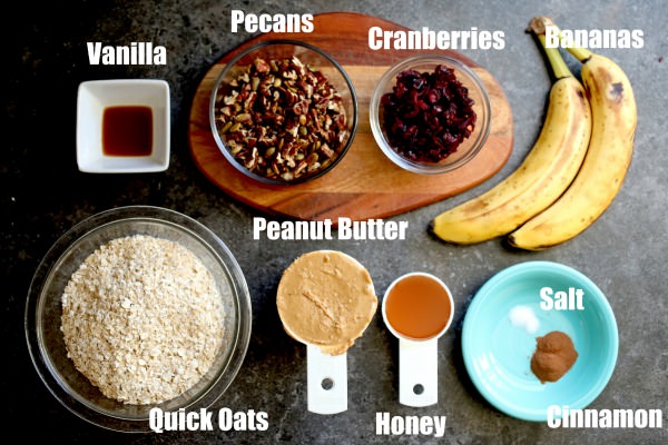 Breakfast Cookie Ingredients: oats, nuts, cranberries, bananas, peanut butter honey, cinnamon.