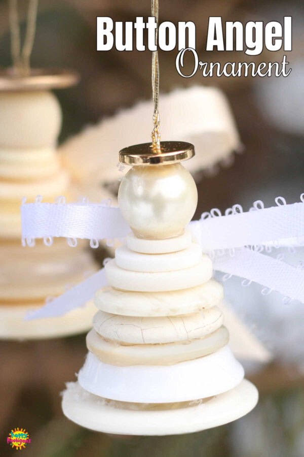 Button angel Christmas ornament, white buttons, gold button halo, ribbon wings