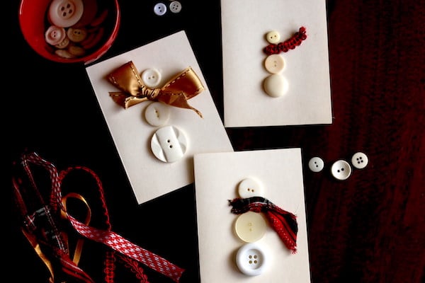 3 Homemade Christmas Cards - snowmen made with buttons and ribbon