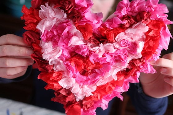 cardboard heart decorated with crumpled tissue paper