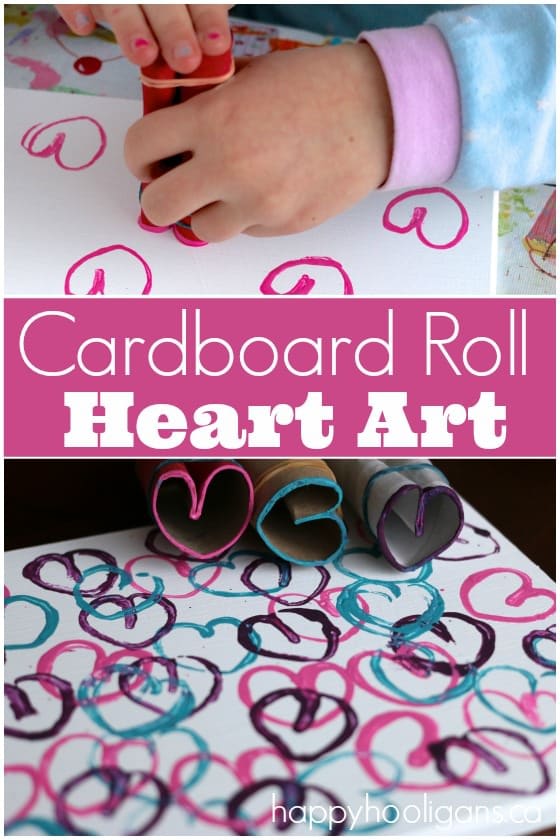 Stamping Hearts with Cardboard Rolls is a fun and easy way for kids to make Valentines art or "heart art" for any day! Repurpose an old canvas, and your child can display their custom art on a bedroom wall! Great print making activity for kids of all ages - Happy Hooligans 