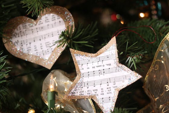 simple cardboard sheet music star ornaments with glitter glue