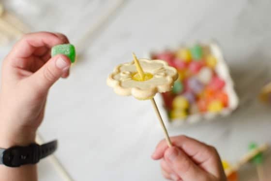 child making cookie flower bouquet