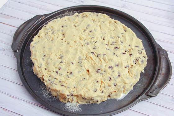 Chocolate Chip Cookie dough on pizza pan