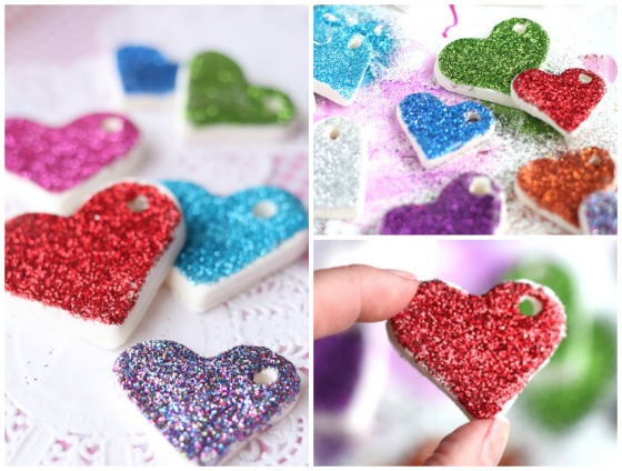 Various coloured Clay dough heart ornaments with glitter