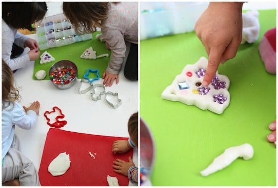 kids making clay dough ornaments for Christmas