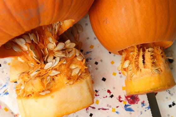 2 pumpkins with seeds and pulp, gutted from bottom