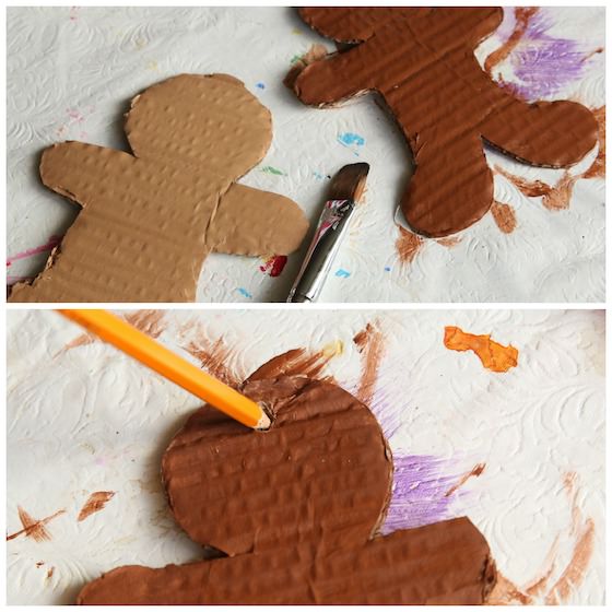 collage - painted gingerbreads, punching hole in ornament