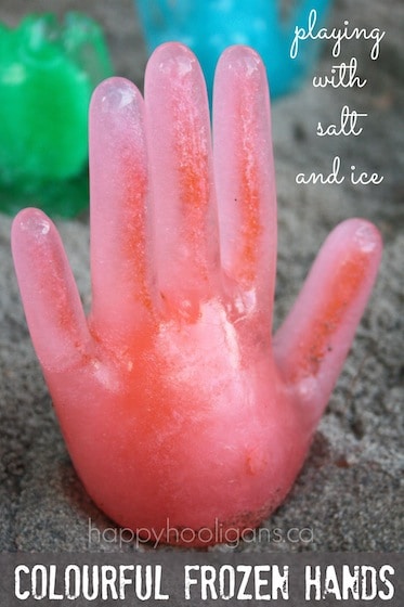 Colourful frozen ice hands experiment for kids