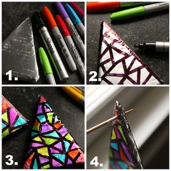 4 step photos for colouring foil tree with Sharpies