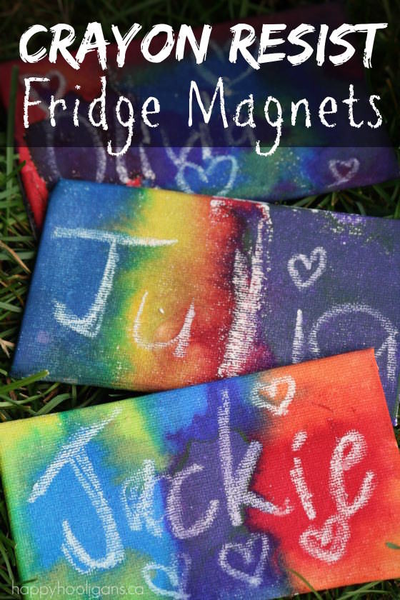 Homemade Fridge Magnets made with Crayon Resist Technique