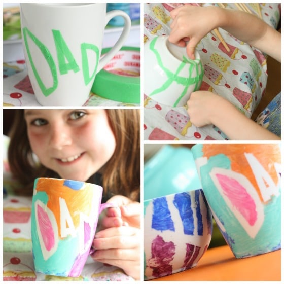 steps for making fathers day mug and bowl with tape resist