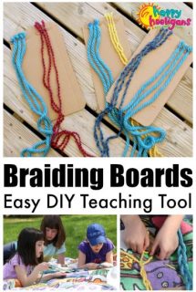 Kids learning to braid with yarn glued to cardboard