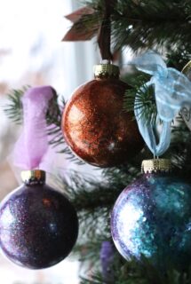 DIY Glitter Ornaments purple, copper and blue - feature image