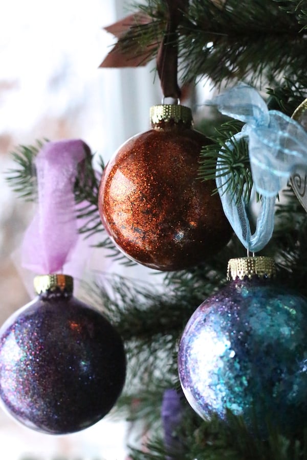 DIY Glitter Ornaments purple, copper and blue - feature image