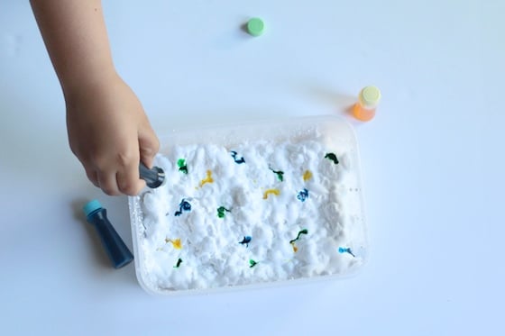 dripping food colour onto shaving cream