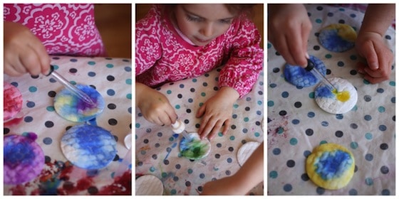 colouring cotton pads with liquid watercolours