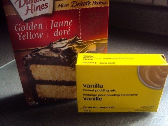 Boxed cake mix and boxed pudding mix