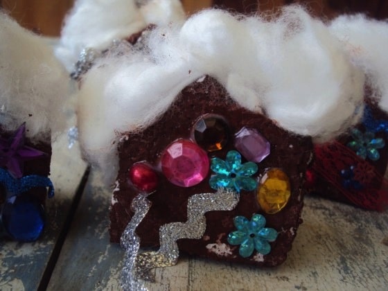 gingerbread house ornaments with cotton roof tops