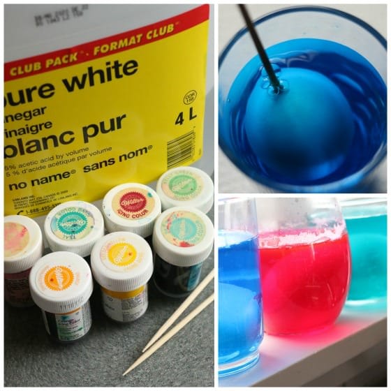 dyed eggs, medicine droppers and liquid watercolours in a pallet