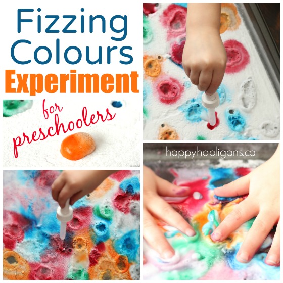 Fizzing Colour Experiment with vinegar and baking soda - Happy Hooligans