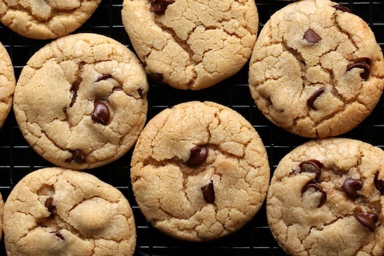 Close up chocolate chip cookies on baking rack