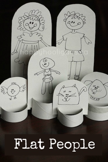 flat people dolls- homemade paper doll family out of cardboard and a toilet roll tube