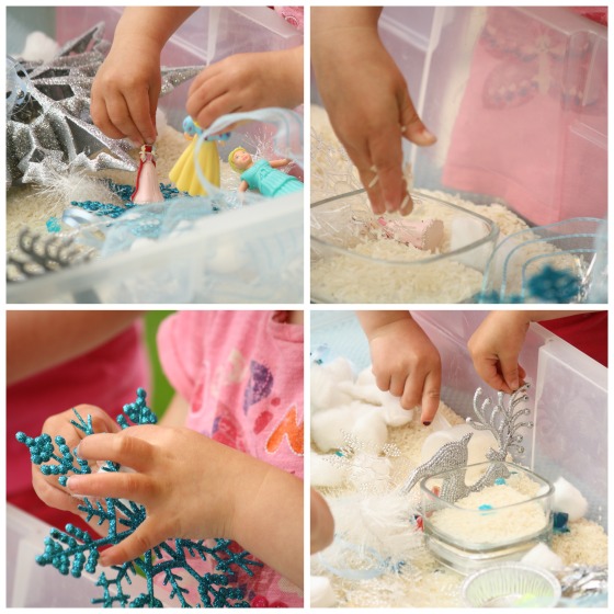 Preschoolers playing with Frozen Sensory Bin Collage