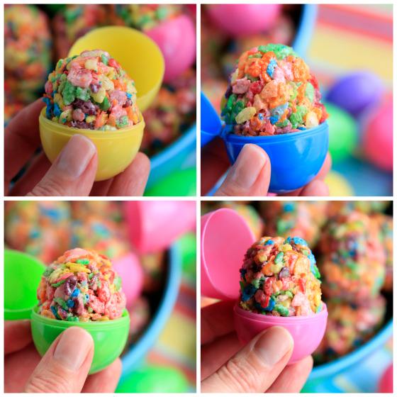 Collage: ruity Pebbles Easter Egg Treats in 4 coloured plastic eggs