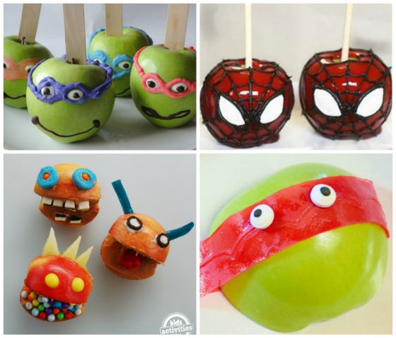 ninja turtle candy apples and spiderman candy apples