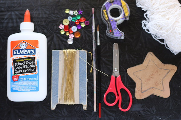 glue, thread, cardboard, scissors, tape, yarn, buttons/beads