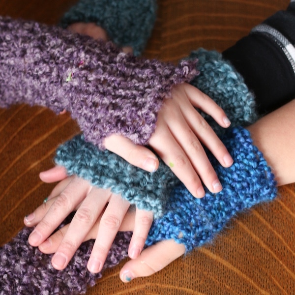 kids hands stacked wearing loom knit fingerless gloves