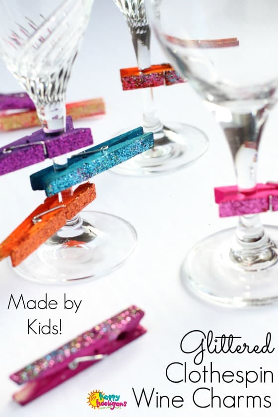 Glittered Clothespin Wine Charms for Kids to Make and Give - Happy Hooligans