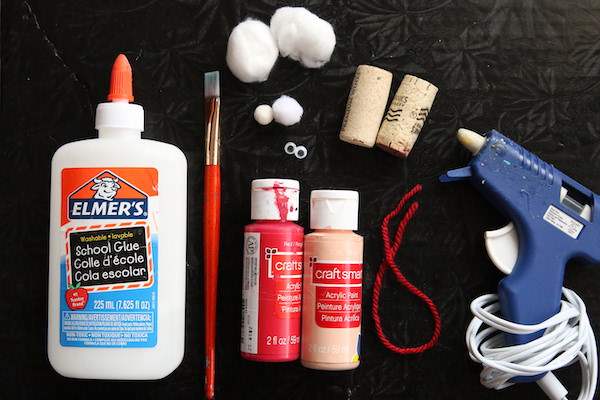 glue, paint, corks, cotton balls, pom pom, googly eyes