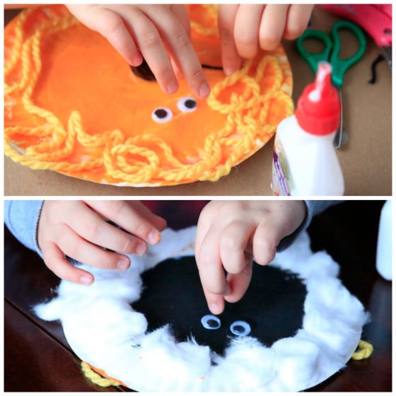 gluing googly eyes on paper plate lion and lamb